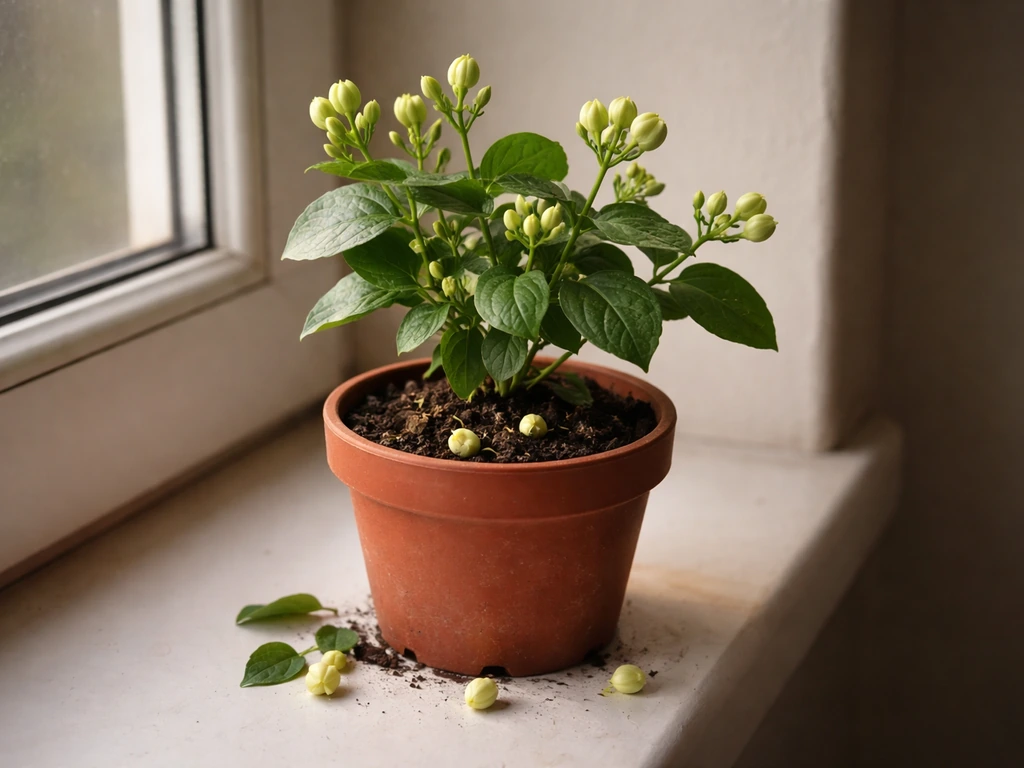 Indoor mogra plant with unopened buds dropping, pot on a windowsill with soft daylight.