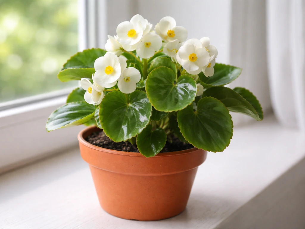 Healthy wax begonia with glossy green leaves and white waxy blooms in a bright indoor pot.