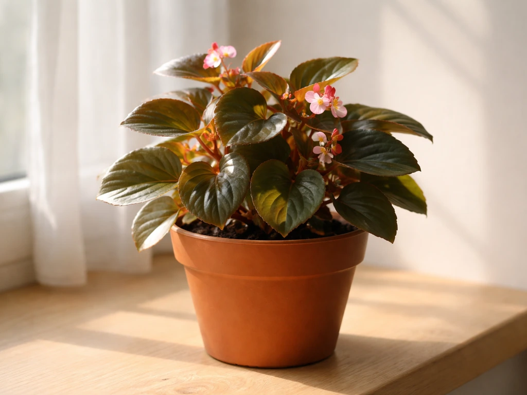 Wax begonia in a small pot by a south/east window with bright indirect light and gentle sun.