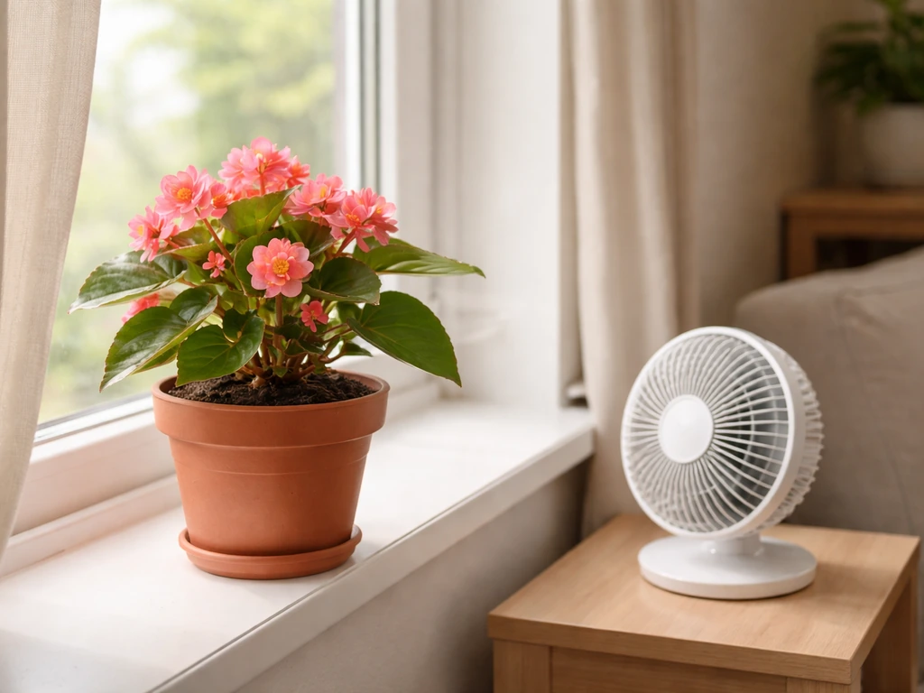 Wax begonia on a windowsill in a warm room, with gentle airflow from a low fan nearby.