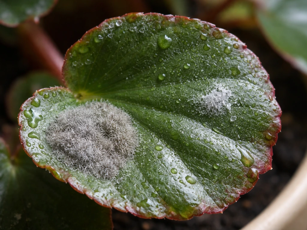 Close-up of wax begonia leaf with grey fuzzy botrytis and a light powdery mildew patch