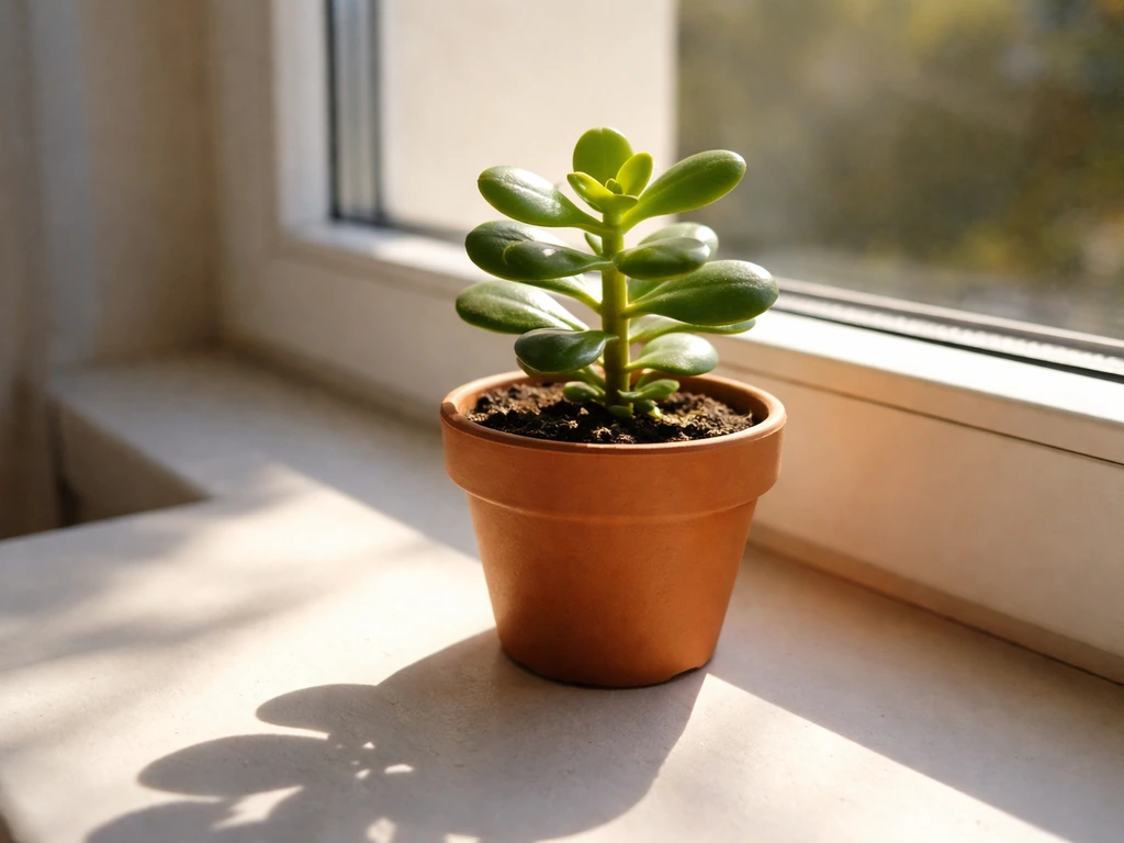 Jade plant on a windowsill with strong direct sunlight hitting its leaves