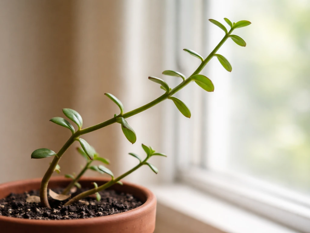 Close-up of a jade plant with leggy growth and small spaced leaves reaching toward window light.