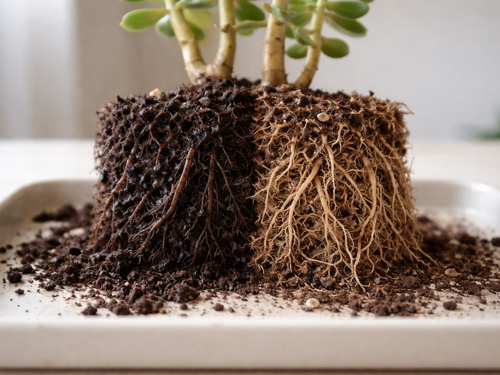 Unpotted jade plant with dark rotting roots beside a healthy root section in simple potting setup.