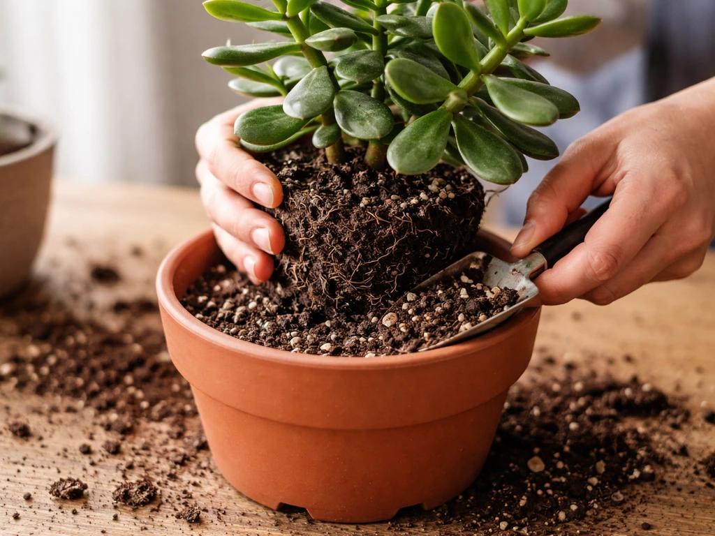 Jade plant being carefully repotted into a terracotta pot with drainage holes and cactus mix.
