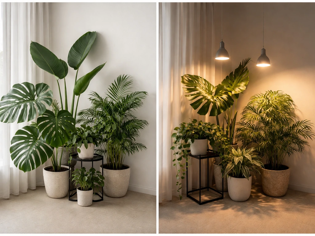 Exotic indoor plants thriving in a clean room corner with window light and subtle grow lights.
