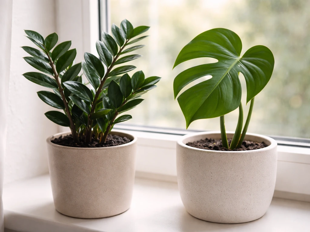 Close-up of a ZZ plant and a Monstera leaf in soft natural light on a windowsill