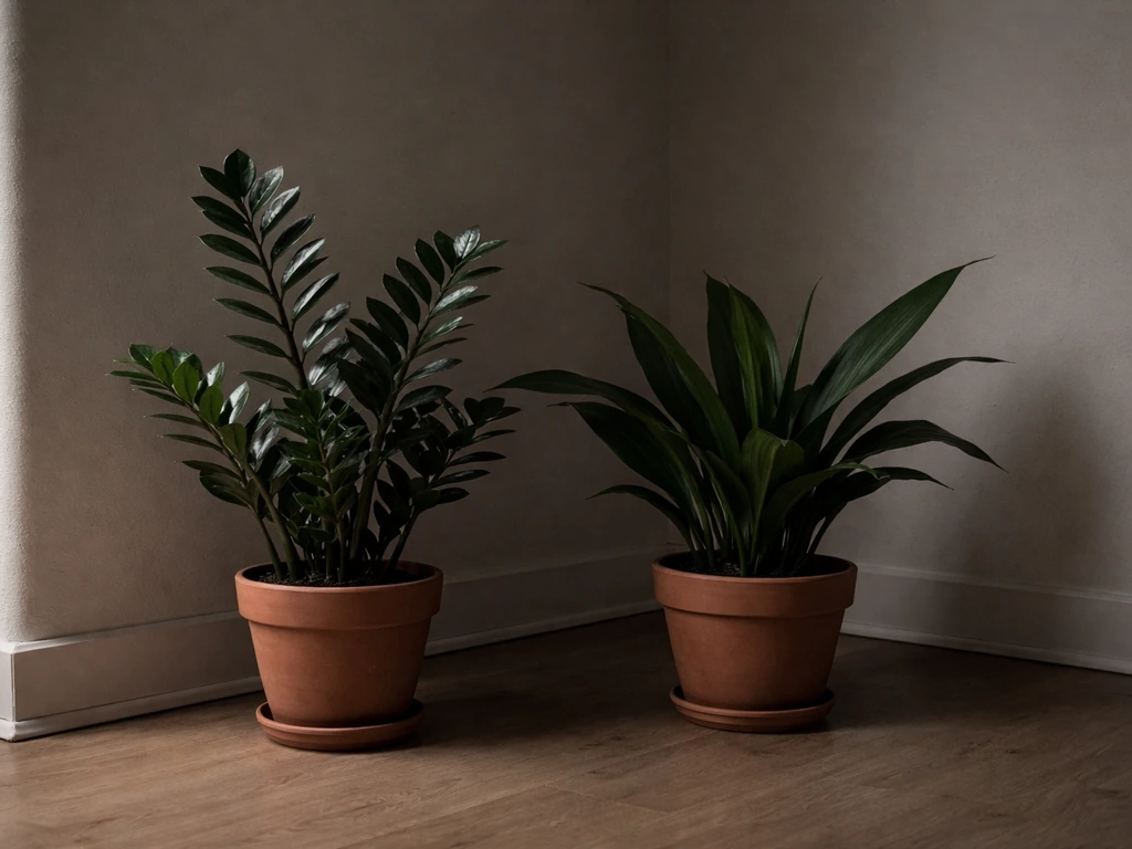 Dim north-facing room corner with healthy ZZ plant and cast iron plant in simple pots