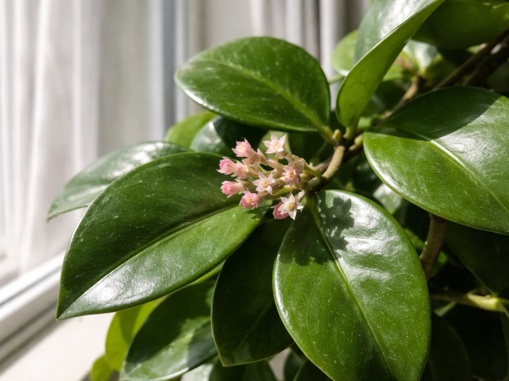 Hoya wax plant leaves with a faint star-shaped bloom in strong window light