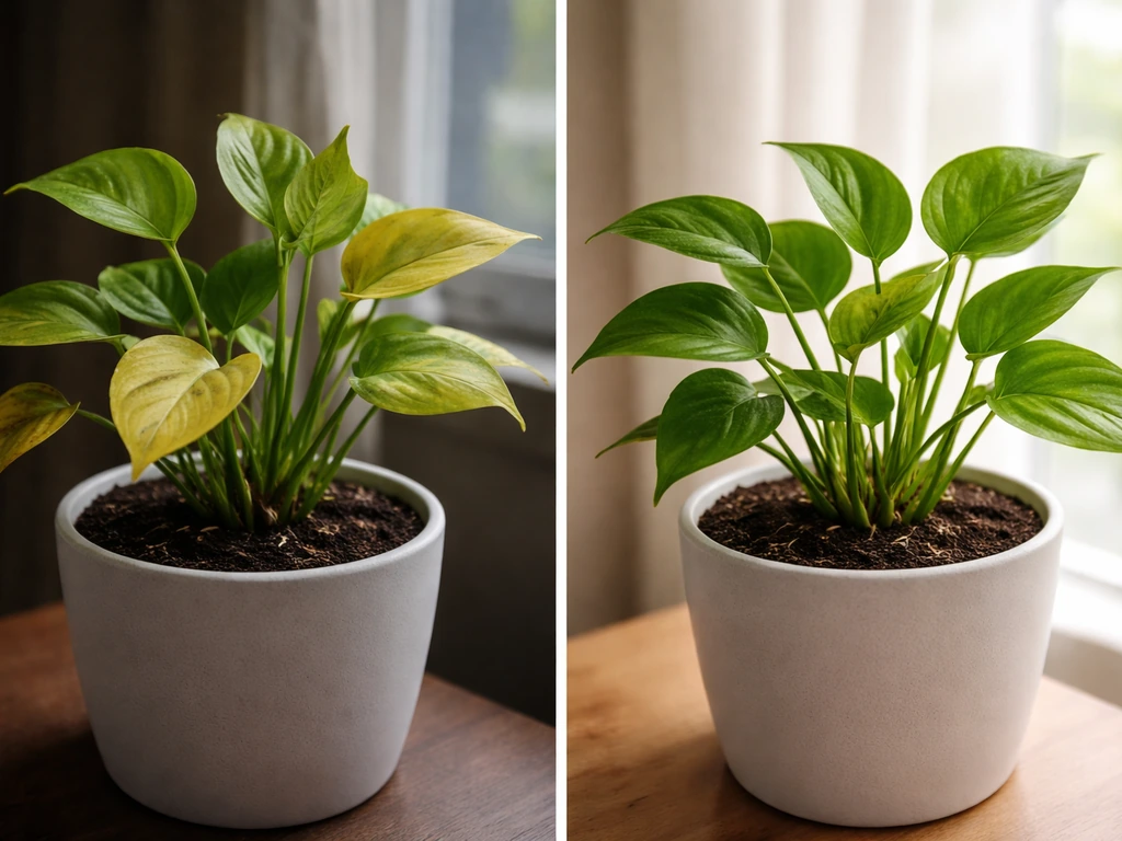 Exotic potted plant with yellowing leaves in dim light beside the same plant in brighter light.