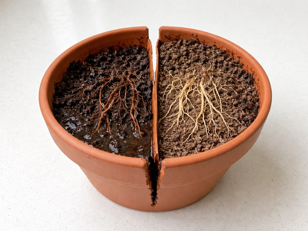 Side-by-side roots in a pot: mushy wet rotting roots versus firm light healthy roots