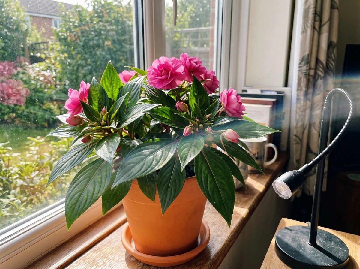 Impatiens placed to receive bright window light for flowering