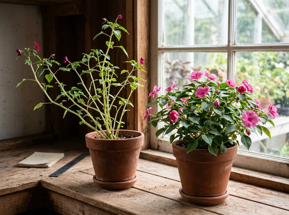 Side-by-side indoor impatiens showing leggy growth from insufficient light