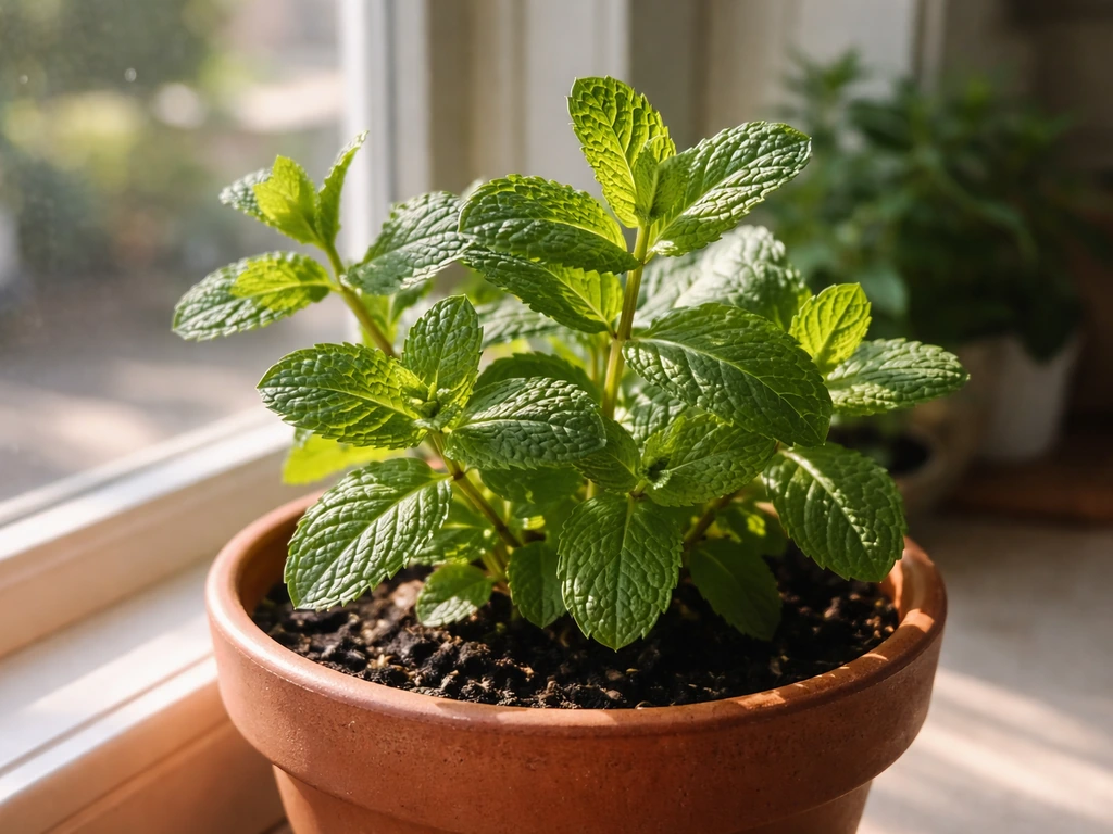 Fresh peppermint leaves thriving in a terracotta pot on a sunny windowsill indoors.
