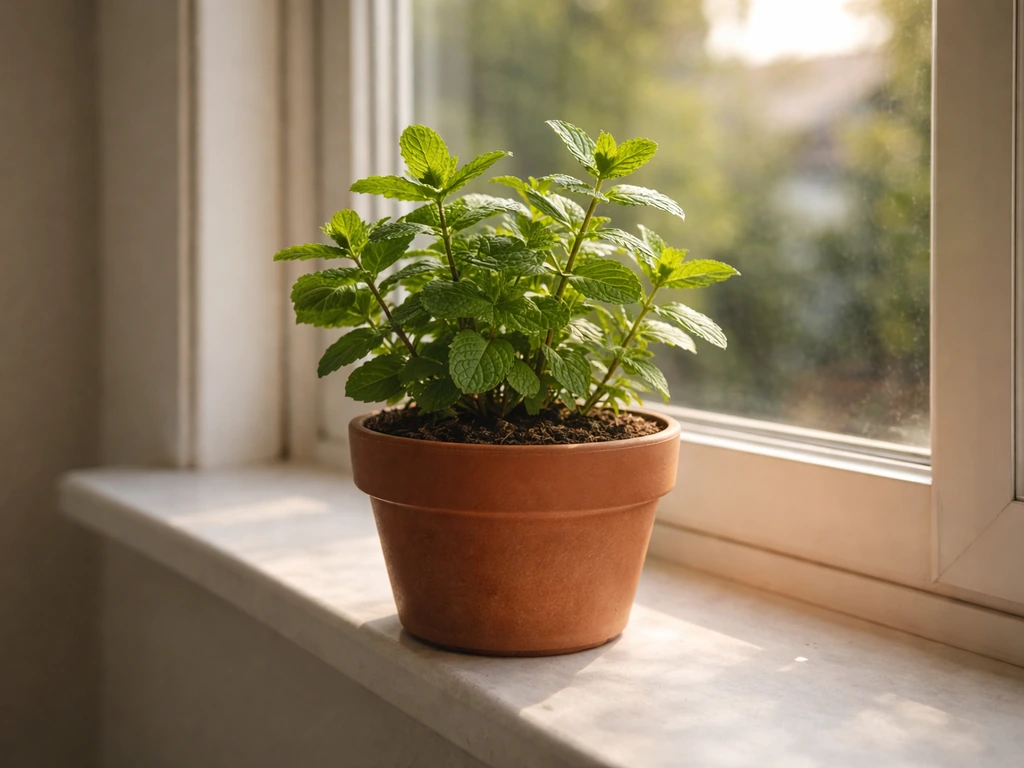 Peppermint pot on a south- or west-facing window sill, sunlit leaves in clear indoor light.