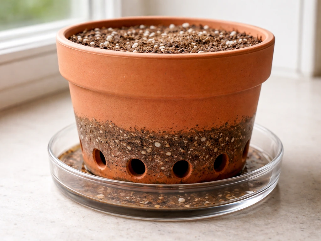 Indoor pot on a saucer showing drainage holes and layered potting mix for proper drainage.