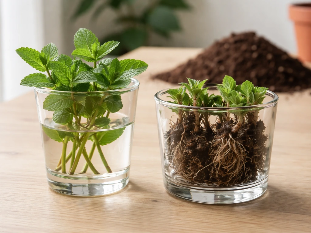 Fresh peppermint cuttings in water and a divided root clump ready for indoor rooting.