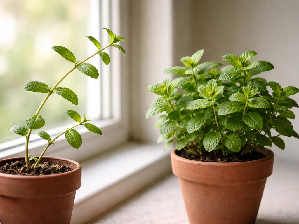 Leggy indoor peppermint plant beside a healthy compact one, with hints of insufficient light.