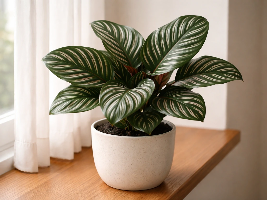 Healthy indoor calathea with striped patterned leaves in bright indirect light