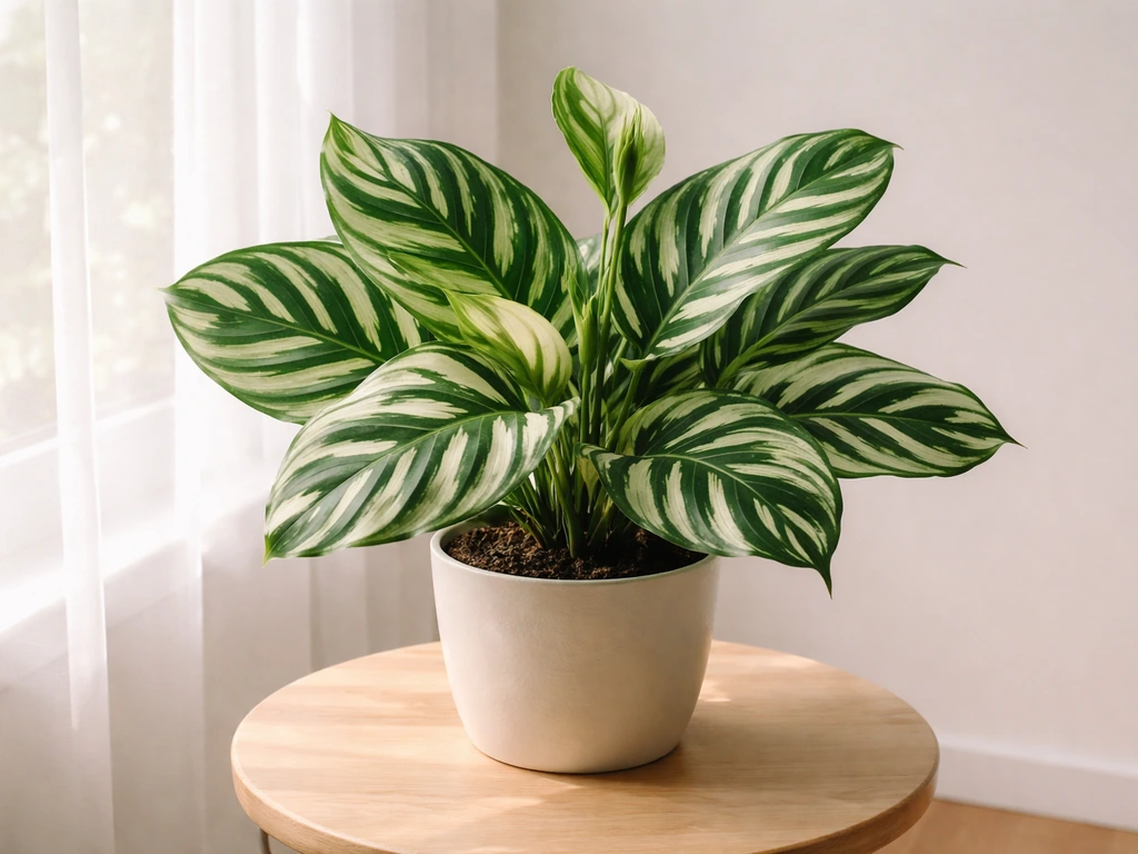 Lush calathea with patterned leaves thriving indoors near bright indirect light by a window