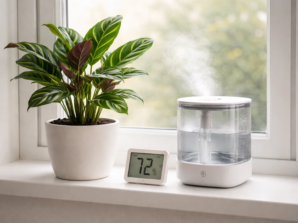 Calathea on a windowsill with a pebble tray/humidifier setup and a hygrometer reading 60–80% humidity.