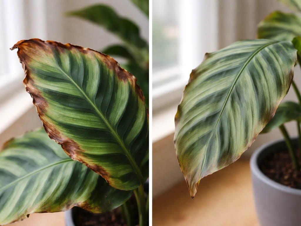 Split-view close-up of calathea leaves showing crispy brown edges and drooping faded leaf patterns.