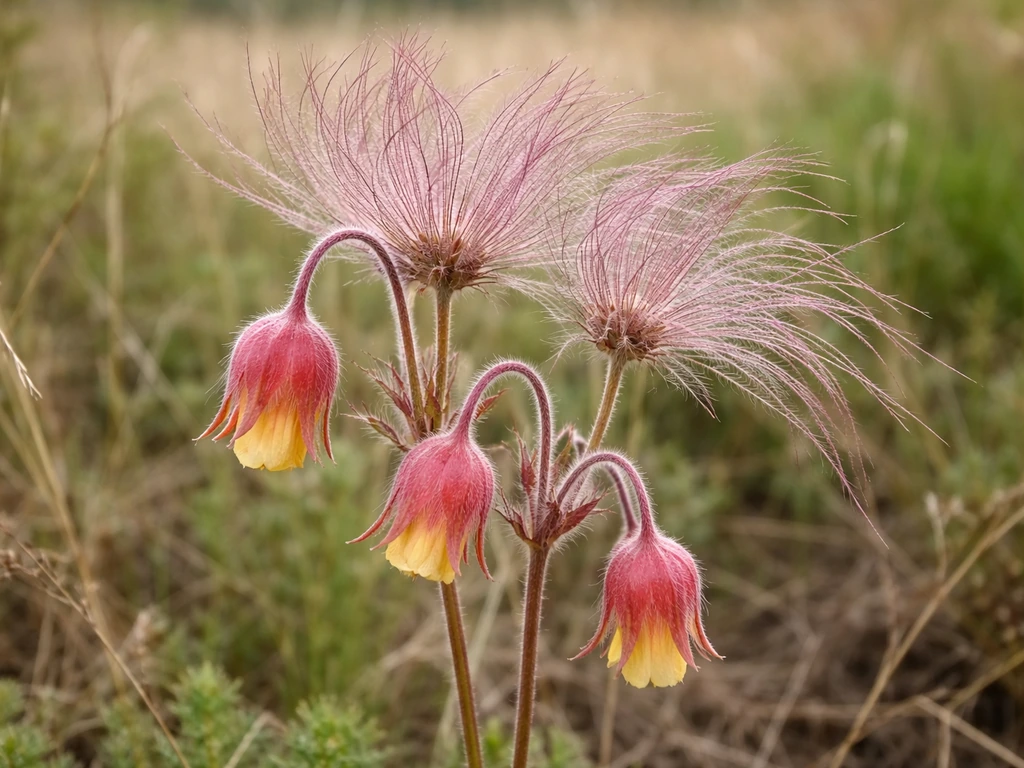 Prairie smoke plant with small nodding blossoms and feathery seed heads in a natural prairie setting.