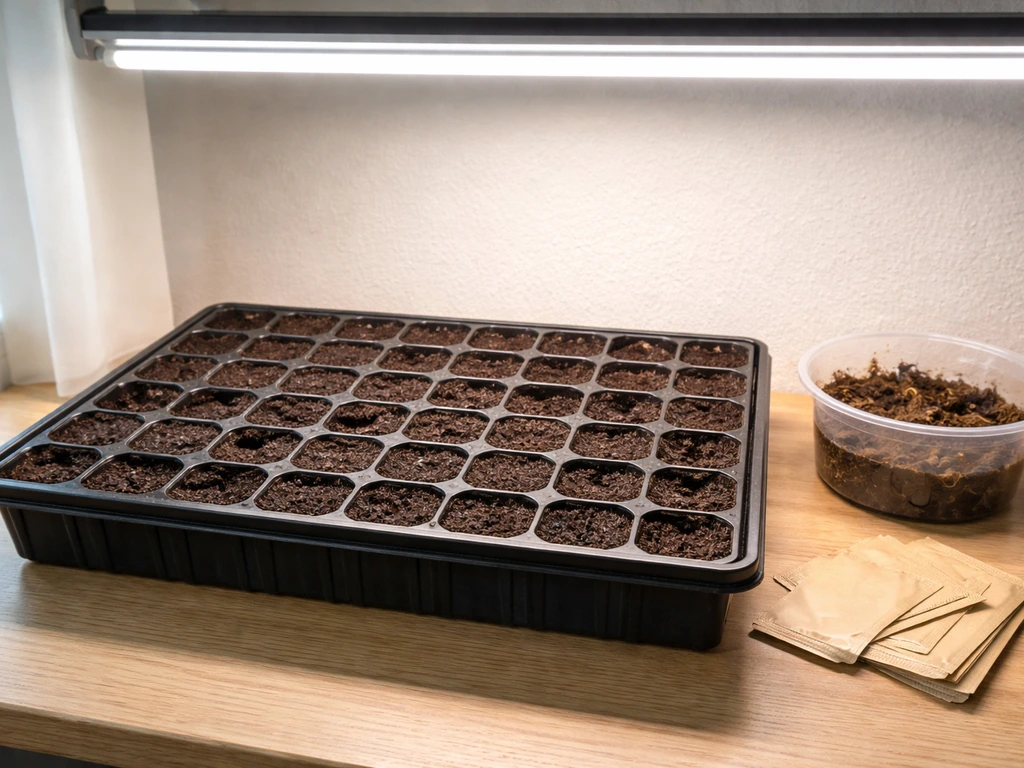 Indoor seed-starting tray under bright grow light with damp peat mix ready for stratification