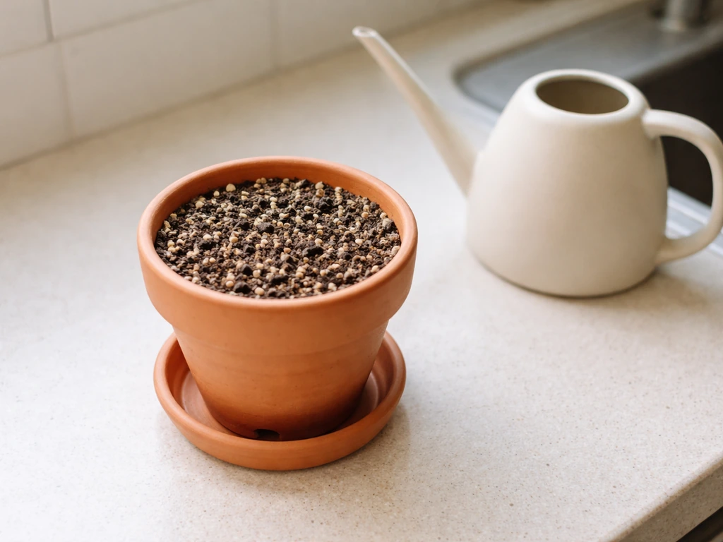 Terracotta pot with gritty draining soil beside a watering can, showing a dry, well-drained setup.