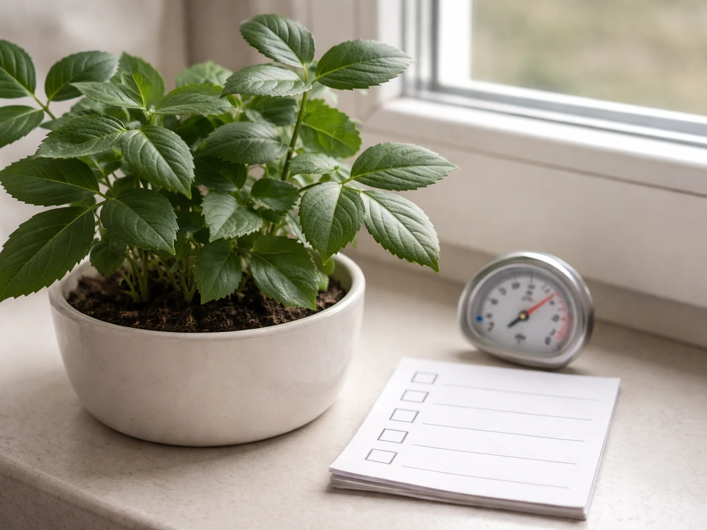 Close-up of a plant without buds beside an analog thermometer and a blank checklist sheet.