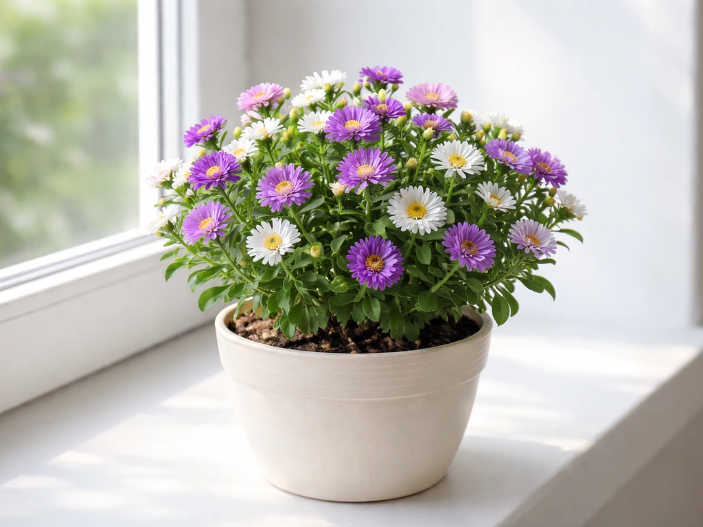 A vibrant potted dwarf aster blooming on a sunny windowsill with healthy foliage indoors.