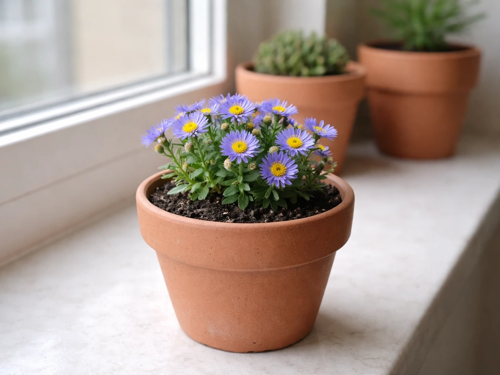 Small potted dwarf blue aster on a windowsill with other pots, showing compact indoor-friendly growth.