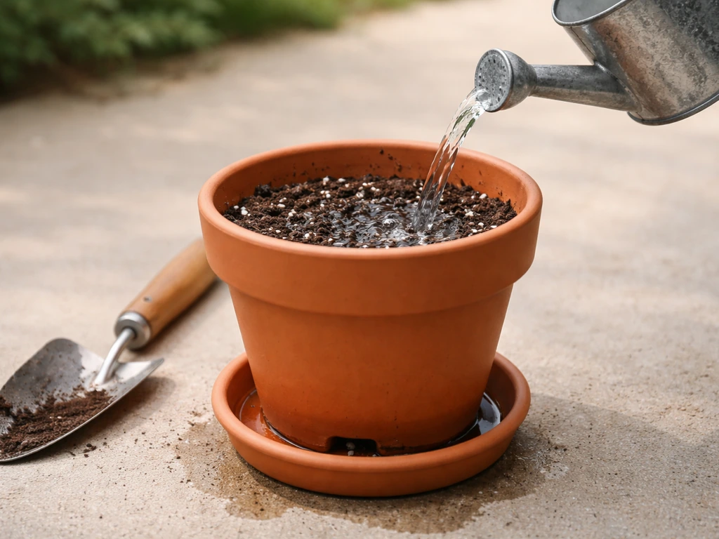Terracotta pot with drainage holes being filled with potting mix while water is poured in, runoff visible.