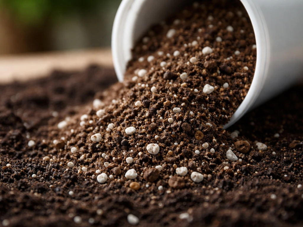 Close-up of a lightweight potting mix with small white perlite pieces for drainage.