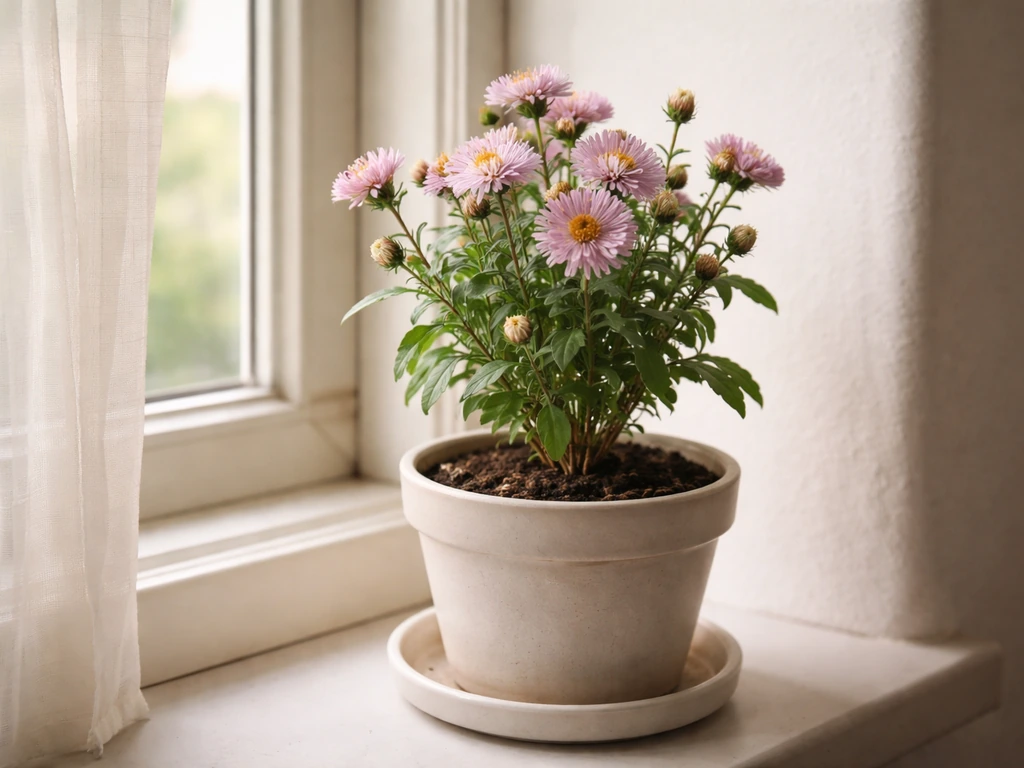 Fading potted indoor aster on a windowsill with a few buds still closed, natural daylight.