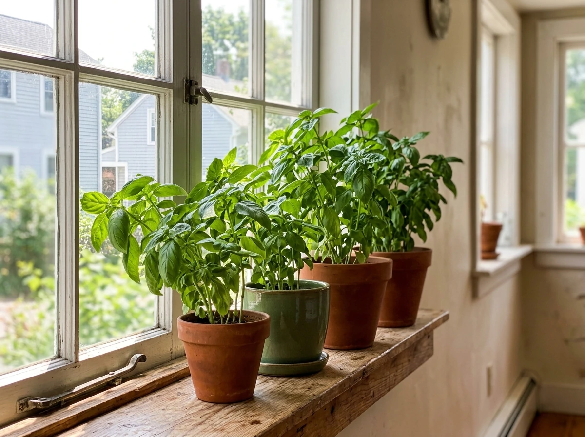 Basil placed near a bright south-facing window for maximum light indoors