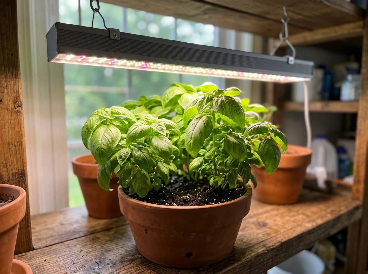 Grow light hanging close above an indoor basil pot