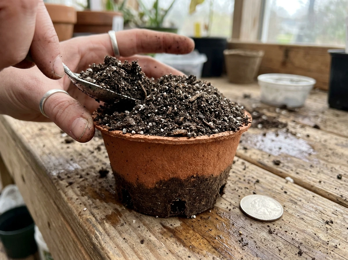 Basil pot being set up with fresh potting mix and drainage