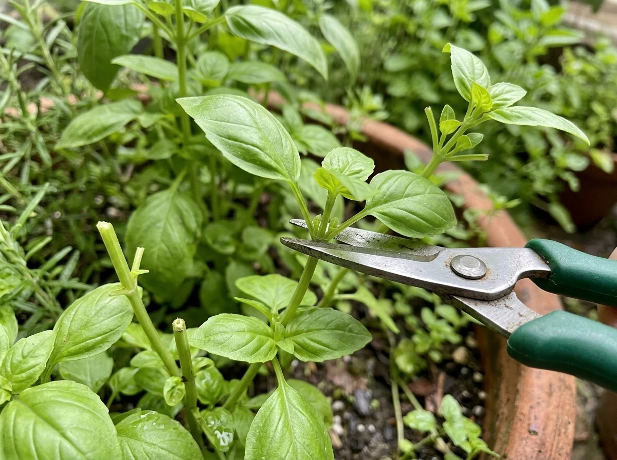 Pruning indoor basil just above a leaf node to encourage compact growth