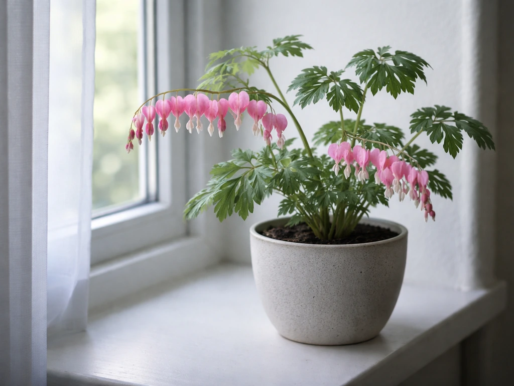 Potted bleeding heart with drooping pink-and-white blooms near a cool north/east window indoors.