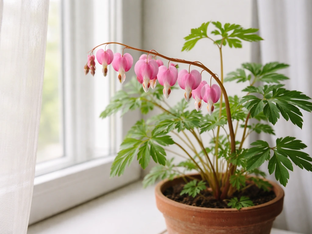 Bleeding heart plant by a north/east window with soft bright indirect light on pink blooms
