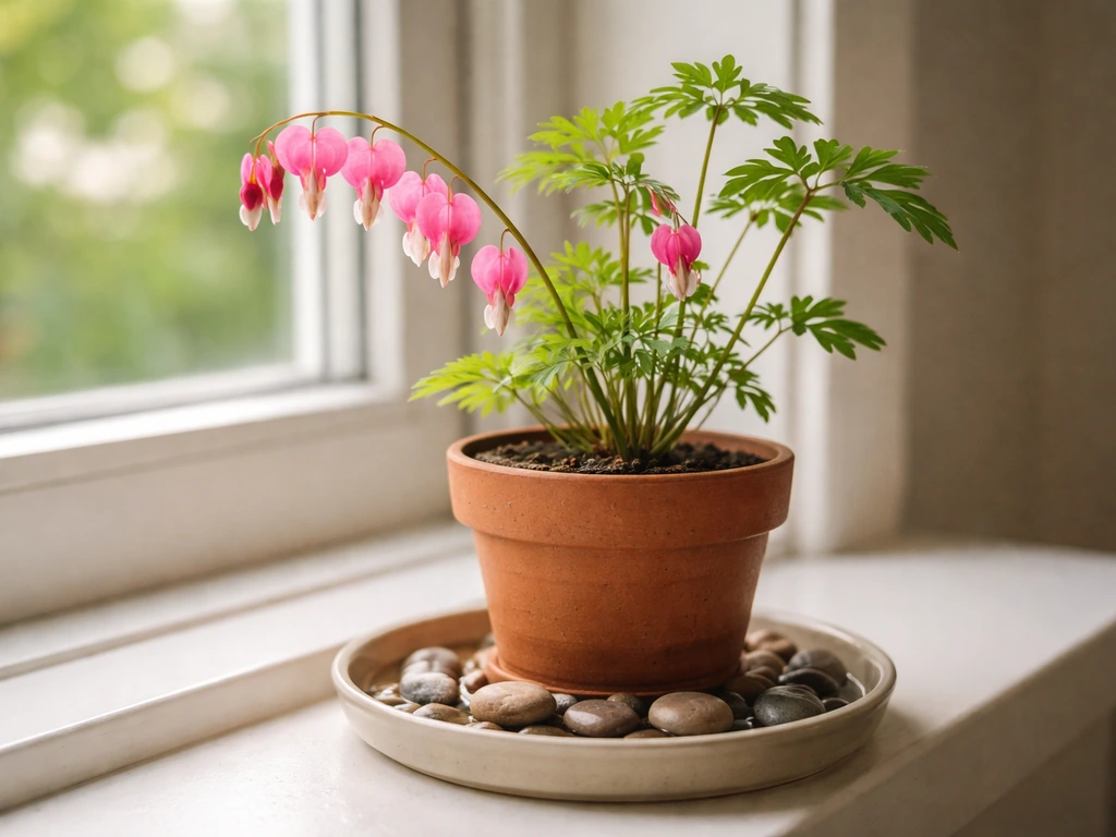 Pebble tray with water under a potted bleeding-heart plant on a windowsill for humidity.