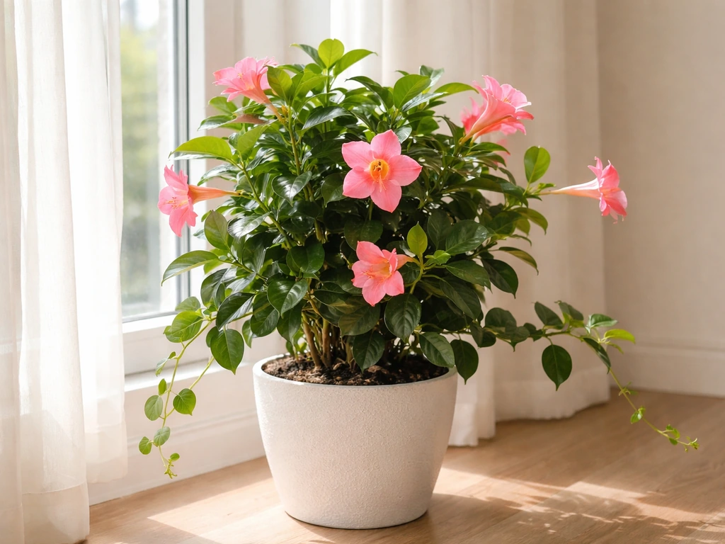 Indoor dipladenia thriving near a bright window, healthy green leaves and pink blooms in a drainage pot.