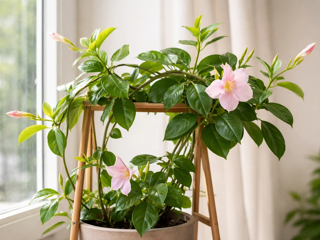 Indoor dipladenia vine near a bright window showing fresh growth tips and a few blooms in warm natural light.
