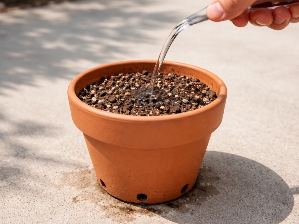 Small pot with drainage holes and quick-draining soil, hand watering just as top layer is slightly dry.