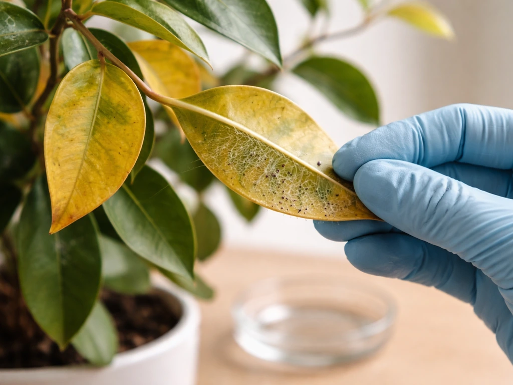 Close-up of yellowing indoor plant leaves with fine webbing near the underside, suggesting spider mites.