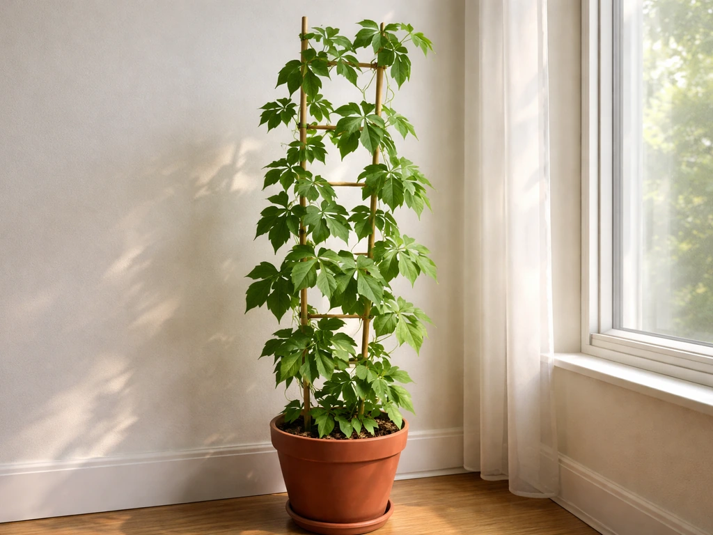 Virginia creeper trained on a trellis indoors beside a bright window with healthy green leaves.