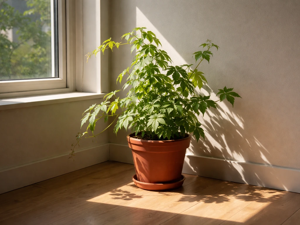 Virginia creeper plant in a terracotta pot placed beside a bright window with strong sunlight and sharp shadows.