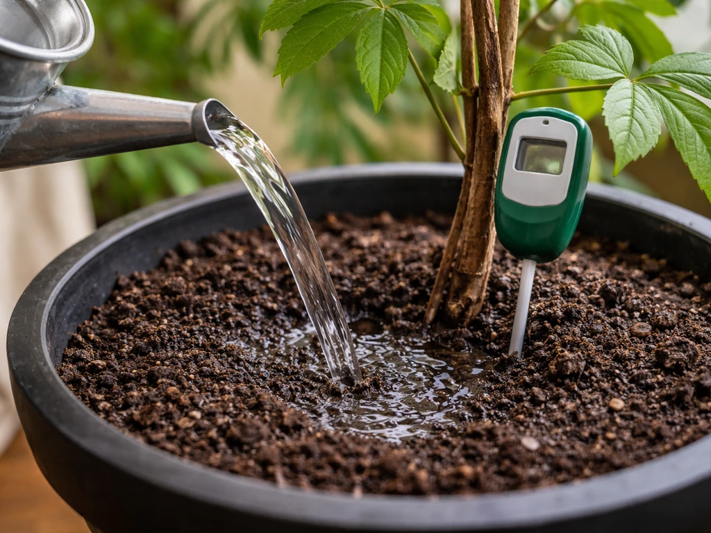 Watering can pouring water into a potted Virginia creeper soil, with a simple moisture meter showing consistency.