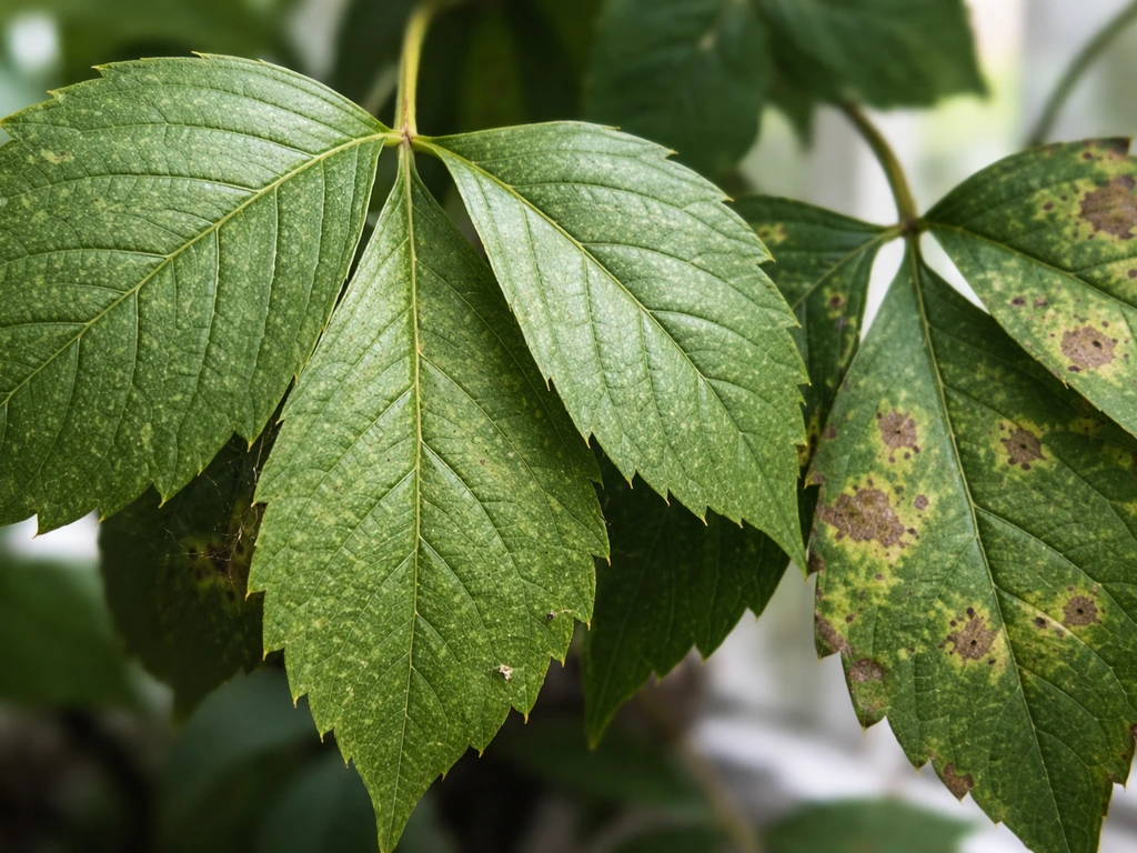 Macro close-up of Virginia creeper leaves showing spider mite stippling and small angular leaf spots.